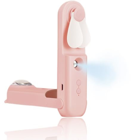 WUSJCOF 2 en 1 Ventilador de Mano, Portátil y Silencioso, Recargable por USB, con Spray de Agua, Plegable, Pequeño para Viajes, Batería Externa de 4500 mAh, Regalos para Mujeres y Hombres (Rosa)