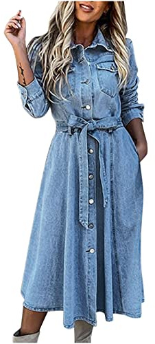 Abito da donna in denim a maniche lunghe, casual, slim fit, con bottoni, scollo a V, abito midi con colletto e tasche, abito estivo blu jeans da donna UK, Blu, XL