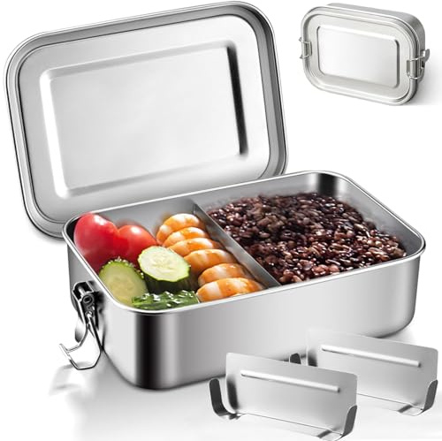 PACIOCEAN Stainless Steel Lunch Box with Removable Divider, Leak Proof Silicone Seal, 1400ml