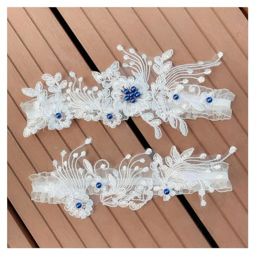 GreatRise Strumpband med spets, broderad blomma, strumpband med pärlor, elastiskt bröllopsstrumpeband, brudstrumpeband i 40–60 cm omkrets, brudtillbehör för bröllop, bal, fest, blå