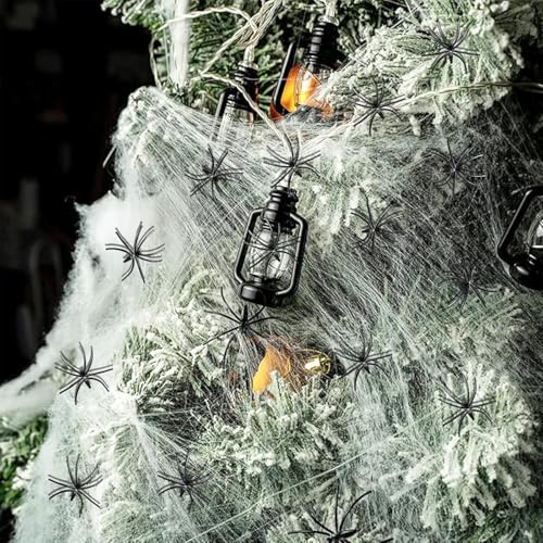 ATB-Foger Ragnatele elastiche per Halloween, 100 g, con 60 ragni finti per decorazioni di Halloween, per feste all'aperto e al chiuso