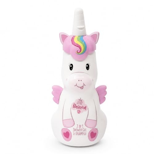 Accentra LITTLE UNICORN duschgel och schampo vit och rosa vaniljdoft | Kroppstvätt samt hårtvätt för barn, lekfull enhörningsfigur, vitrosa flaska, praktisk vårdprodukt vid badstund hemma
