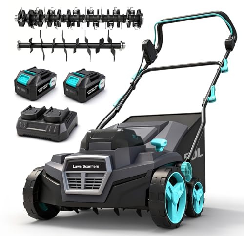 BLUEMARS Scarificatore e aeratore per prato senza fili da 40 V, rastrello elettrico e rastrello per rimuovere l'erba, 50 l, larghezza di lavoro 38 cm, 2 batterie da 20 V e doppio caricabatterie