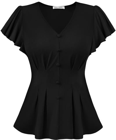 GRACE KARIN Women's Short Sleeve Summer Tops V-Neck Ruffle Pleated Blouses