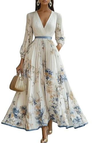 Fryloo Vestiti a Maniche Lunghe Maxi Abito Floreale Bohémien Femminile, Lungo dal Scollo V Profondo Sexy, Patchwork Design, Manicotto Primaverile, Sciolto, Vestito da Festa Casual alla Moda