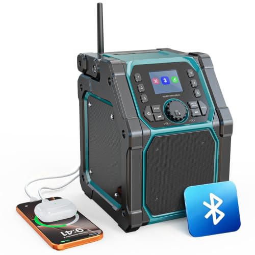 Ecarke Radio Portable Rechargeable Compatibilité avec Batteries Makita 18V | Radio de Chantier DAB+/FM avec Connexion Audio Sans Fil, Enceinte Stéréo 2+1, TWS, Secteur AC, Écran TFT 2,4, IP54