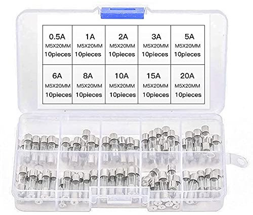 Glasrohrsicherungen, 100 Stück, schnell durchblasende Glassicherungen, schnell durchblasende Autosicherungen, sortiertes Set, 0,2 A, 0,5 A, 1 A, 2 A, 3 A, 5 A, 8 A, 10 A, 15 A, 20 A.
