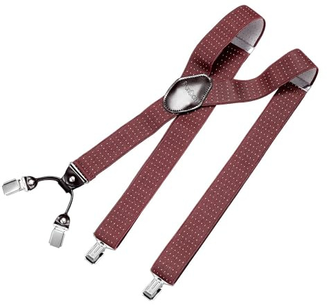 DonDon herr hängslen 3,5 cm breda 4 clips med brunt läder i Y-form elastiska och längdjusterbara - Prickig-röd vit