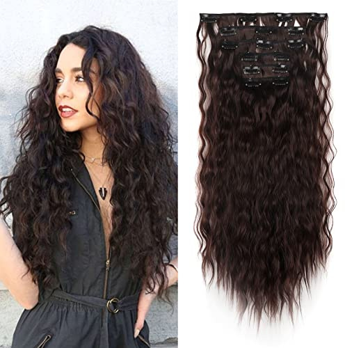 Cybelleza 50cm Extension Capelli Clip Mossi 6PCS Extension a Clip Posticci per Capelli Sintetici Ondulati Naturale Clip in Hair Extensions Ricci per Donna,Marrone Medio