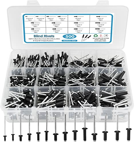 SATANTECH 500pcs Black Rivets Pop Rivets Assortment Kit, 14 SAE Sizes Aluminum Rivets (3/32 1/8 5/32 3/16), Assorted Blind Rivets with Reinfored Divider & Labeled Case for Storage