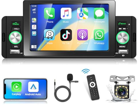 Podofo 1 Din Autoradio con A-pple Carplay Android Auto Radio, 5'' HD Touchscreen Car Stereo Radio con Bluetooth 5.1/FM/AUX/Porta USB Ricarica Rapida + Telecamera Posteriore e Microfono