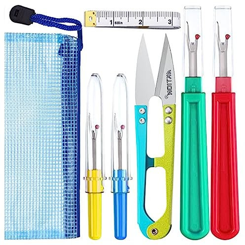 XPEX Nähen Nahttrenner Kit, 4 Stück Fadenentferner, Groß und Klein, mit Weiche Maßband, Trimmschere, Aufbewahrungstasche, für Anfänger, Zufällige Farben