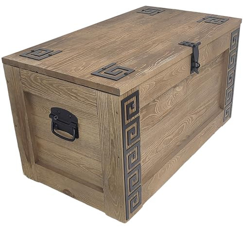 weeco Baúl de madera con ruedas, diseño griego con ruedas, 80 x 47 x 45 cm, mesa de café, cofre del tesoro, mesa auxiliar, tapa plegable y espacio de almacenamiento, caja de muebles de madera, caja de