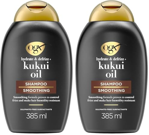 OGX Hydrate & Defrizz + Kukuí Oil Shampoo (385 ml), champú anti-frizz con aceite de Kukuí, champú sin sulfatos ni parabenos para cabello encrespado, rizado y ondulado (Paquete de 2)