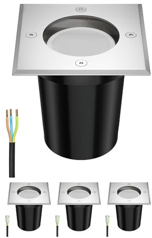 ledscom.de 4 Stück Bodeneinbauleuchte RELI für außen, IP67, edelstahl, eckig, 11 x 11cm, inkl. 0,5W LED Lampe 49lm warmweiß
