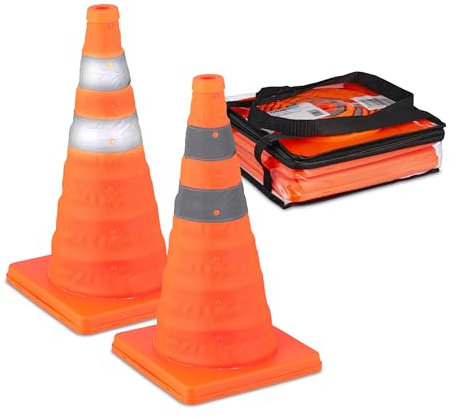 Relaxdays Coni Stradali Segnaletici, Set 2 Birilli Pieghevoli con Strisce Riflettenti 45x24,5x24,5 cm, Arancione Argento, Plastica, Poliestere