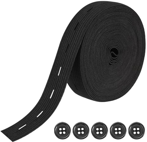 Oykrueats 5 meter elastiskt gummiband sömnad, svart gummiband med 5 stycken knappar, gummiband för sömnad, platt, byxkjol, midjespännare för kläder, polyester, midjespännare för kläder, peruk, bälte