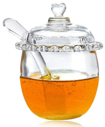 YILANJIN Glas Honigtopf mit Löffel und Deckel, 220ml – Honigspender, Honigglas für Aufbewahrung und Servieren von Honig und Sirup