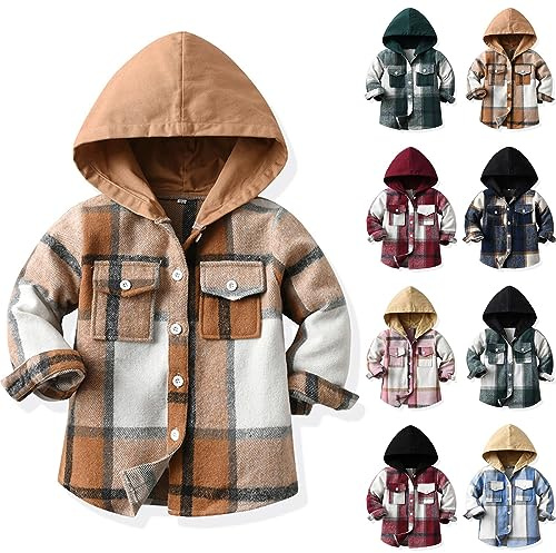Karierte Jacke mit Knopfleiste Kinder Junge Mädchen Flanellhemd Jacken Langarm Baby Kapuzenjacke Coole Übergangsjacke Hemdjacke Freizeit Mäntel Outdoor (E, 3-6 Months)