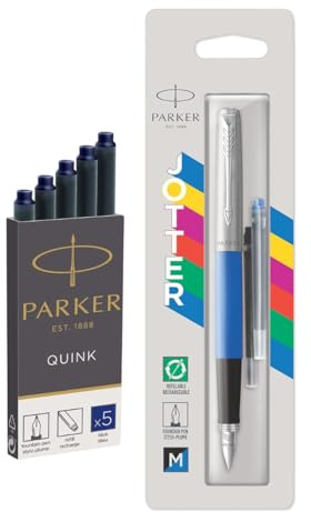 Parker Jotter Originals Fountain Pen 2096858 | Classic Blue Finish | Medium Nib | Blue & Black Ink Set with extra Blue Inks