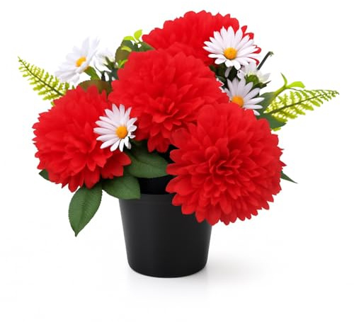 AMERISE 25cm Red Artificial Grave Flowers in Pot – Weatherproof Chrysanthemums for Cemetery & Funeral Memorials | Outdoor Plastic Flower Pot for Graveside Decorations UK