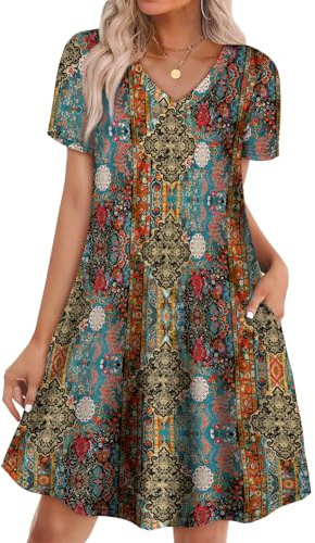WIHOLL Summer Dresses for Women 2026 Casual Tshirts Dress with Pockets Beach Vacation Clothes Short Sleeves Flowy Sundress Loose Fit Vestidos Casuales para Mujer Spring Outfit Boho Multicolor L