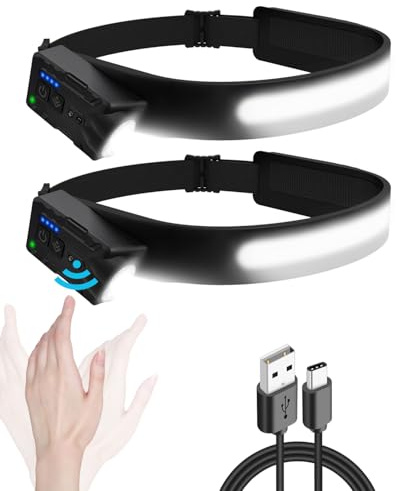 Rechargeable Head Torch, 7 Mode 270° Wide Beam Super Bright Headlamp with Dual Bright LED, Hands Free Control Headlight, Weatherproof, Lightweight Headtorch Ideal Camping & Hiking Fishing Gift, 2 PACK