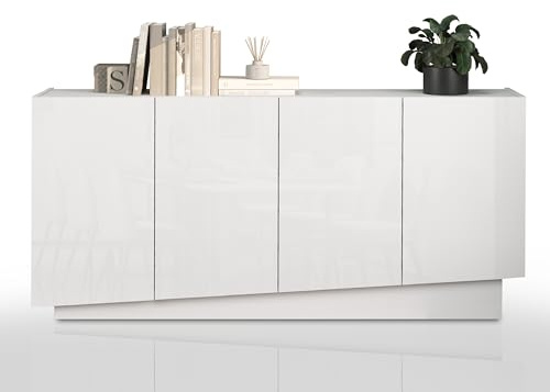 WHOUS Buffet Vela pour Salon avec 4 Portes et 4 Compartiments, bahut pour Cuisine et Salle à Manger, 160 x 35 x 75,4 cm, Couleur Blanc Brillant