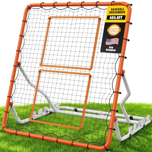 Baseball Rebounder Net 4x4.5FT with 5 Adjustable Angles,Pro Pitch Back Trainer for Volleyball/Softball/Soccer, Solo Practice for Ground, Line Drive & Fly Balls, Durable UV Resistant Net & Steel Frame