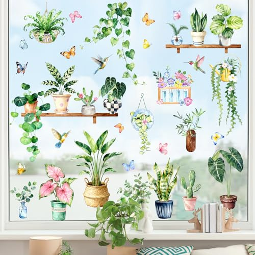 Supzone Green Potted Plants Static Window Clings Double Sided Spring Summer Botanical Leaves Birds Window Decals Anti-Collision Glass Doors Mirror Stickers for Home Store Party Decorations