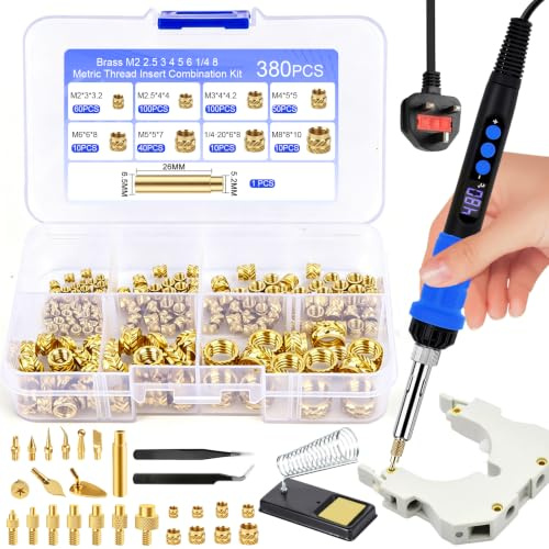 AOBOPLE Soldering Iron Tips for Threaded Inserts Set Include 90W LED Soldering Iron Kit 380PCS Threaded Inserts, 8PCS Soldering Tips for Threaded Inserts, 9PCS Pyrography Burning Tips