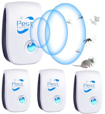 Repelente Ultrasónico de Plagas, 4 Pack Electrónico Repelente Mosquitos Control de Plagas, Repelente Ultrasónico Mosquitos para Interiores, Moscas, Ratones, Cucarachas, Arañas, Roedores