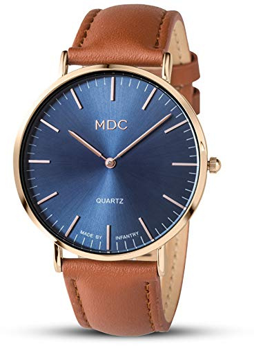 Infantry MDC Mens Minimalist Watch, Gents Navy Blue Analogue Wristwatch, Rose Gold Ultra Slim Casual Watch for Men with Brown Leather Strap, Big Face Business Dress Watch