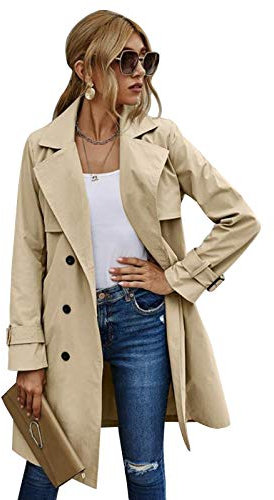 Geagodelia Manteau Femme Printemps Double boutonnage Long Manteau Classique Coupe Vent Veste Automne Trenchcoat S-XL, beige, M