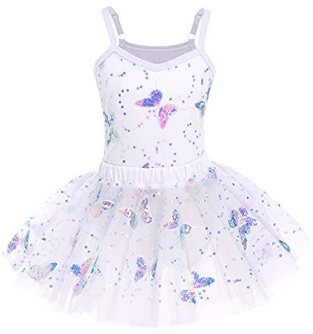 IWEMEK Vestido de ballet para niña, sin mangas, con lentejuelas, con tutú, falda y tutú, 2 piezas, para niños Blanco 5-6 Años