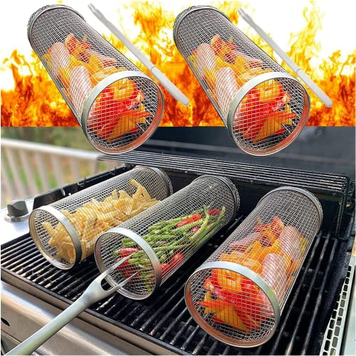 2 Stycken Cylindrisk Grillkorg i Rostfritt Stål Med Grillgaffel, Grillrulle, Grillställ, Grillhylla för Grillning av Grönsaker, Fisk, Kött - L