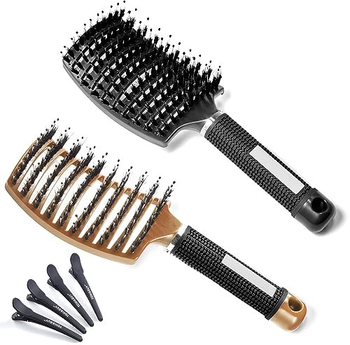 Lictin 2 Stück Haarbürste ohne Ziepen, Haarbürste für Damen, Herren & Kinder, Haarbürste Wildschweinborsten für Locken & Lange Haare,Natur Antistatisch Entwirrbürste mit 4PCS Haar Klammer,Schwarz+Gold