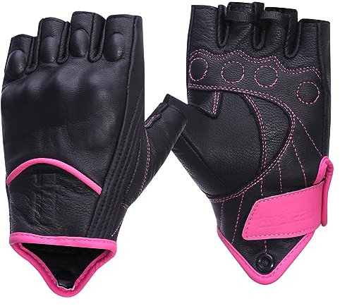 Harssidanzar Guanti da moto senza dita e mezze dita, guanti da motociclismo, protezione dura per le nocche, da donna, colore rosa e nero, taglia M