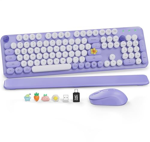 Wireless Keyboard and Mouse Combo, Cute Round Keycaps, Full-Size Retro Typewriter Keyboard with Detachable Wrist Rest, 2.4GHz Cordless Connection for Mac/Windows/PC/Laptop (Purple-Colorful)