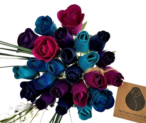 The Original Wooden Rose Deluxe Dark Waters Themed Bouquet. Featuring Closed and Half Open Bud Roses (2 Dozen)