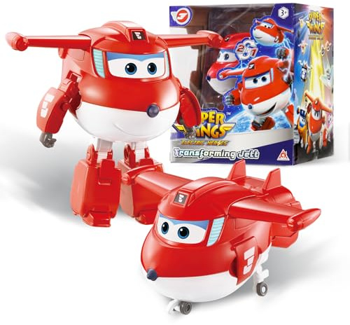 Super Wings Transformable aeroplano Supercharged Jett, altezza circa 12,7 cm, Figura d'azione 2 in 1, aeroplano giocattolo e figura robotica per bambini e bambine a partire da 3 anni