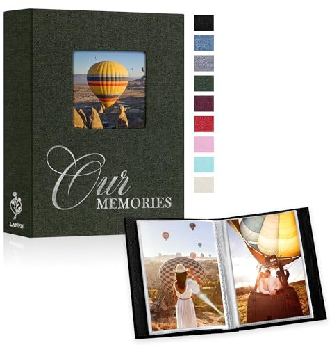 Lanpn Album Fotografico 10x15 100 Foto 2 Confezioni, Finestra OURMEMORIES Lino Piccolo Mini Album Foto Portafoto Verticale Tascabile Tasche Tasca Verde