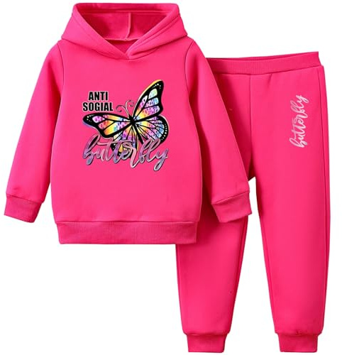 Amur Leopard Survêtement Enfant Fille Imprimé de Papillon Ensemble de Sport 2pcs Sweatshirt à Capuche + Pantalons Costume jogging, Rose Rouge, 110/3-4 Ans