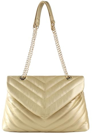 LIKEBAG Damen-Umhängetasche, modisch, gesteppt, veganes Leder, Crossbody-Tasche mit verstellbarer Kette, Designer-Geldbörsen, S, Gold, Medium