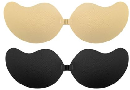 AWXUOCK Invisible Strapless Bras Reusable Stick On Bra Skin-Friendly Sticky Push Up Adhesive Bra for Party, Bar, Wedding, Beach, Backless for Women (UK, Cup & Band, D, Black+Beige)