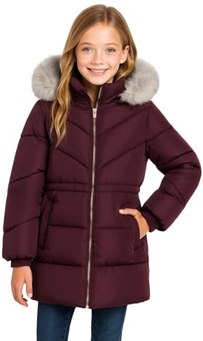 SOLOCOTE Cappotto inverno per ragazze resistente all'acqua con cappuccio trapuntato piumino fodera in Sherpa bordi in pelliccia artificiale pesante lungo Parka per bambini Rosso 14 anni