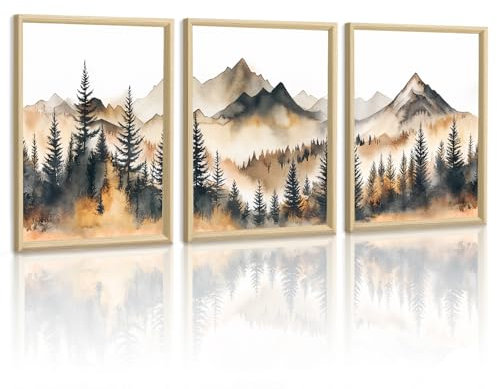 WENGTIAO Stampa su Tela Incorniciata Acquerello Montagna Foresta, Natura Albero Nebbioso Montagna Pittura Quadri Moderni Soggiorno Camera da Letto Decorazioni Parete 30x40cmx3