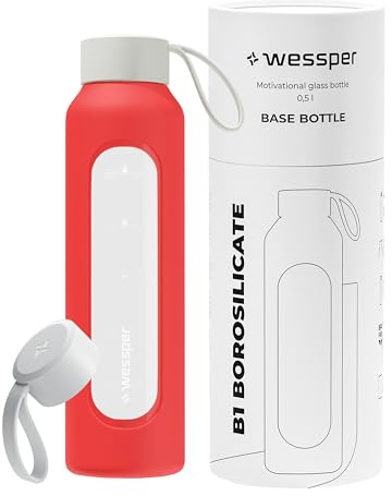 Wessper Borraccia 500 ml, bottiglia motivazionale con scala di idratazione, borraccia in vetro borosilicato con custodia in silicone, materiale sicuro senza BPA – Rosso