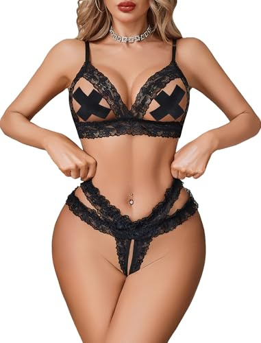 Avidlove Sexy Lingerie for Women Matching Bra and Panty Set 2 Piece Black L