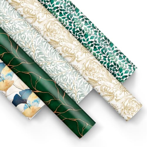 PAW - Presentpapper 200 x 70 cm – 5 rullar, blandning av 5 mönster | elegant presentpapper för födelsedagar, bröllop, baby shower, fester och presenter – elegant grön